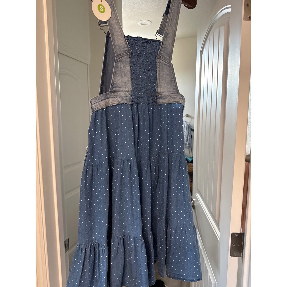 Upcycled Denim Prairie Overall Dress Cottagecore Boho Patchwork Midi Polka dot - Picture 5 of 6